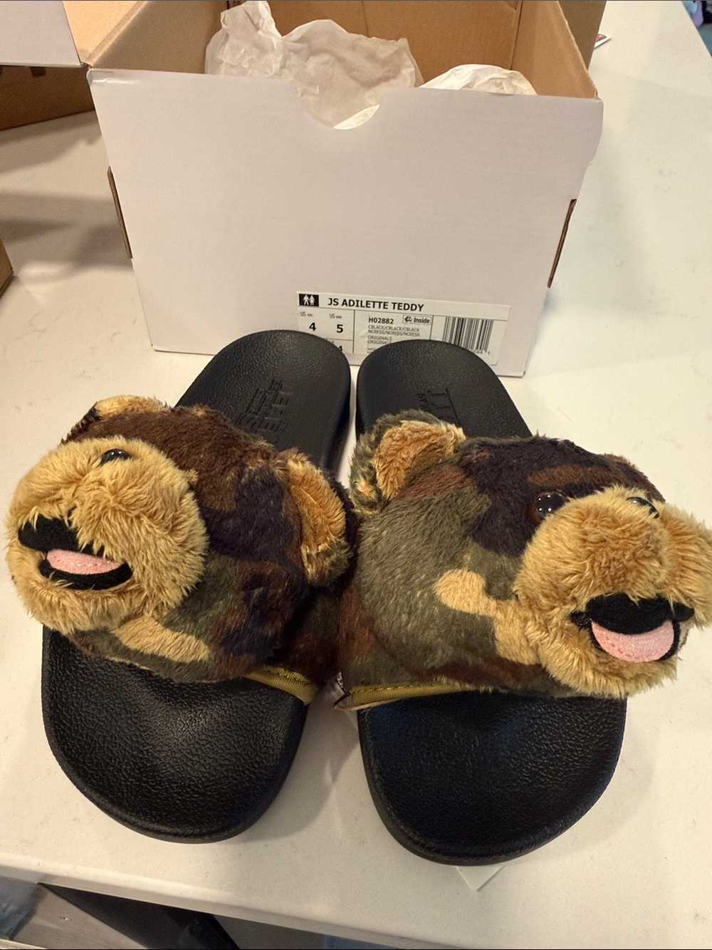 adidas' Adilette Teddy Bear Slide Sandals in Camo Brown
